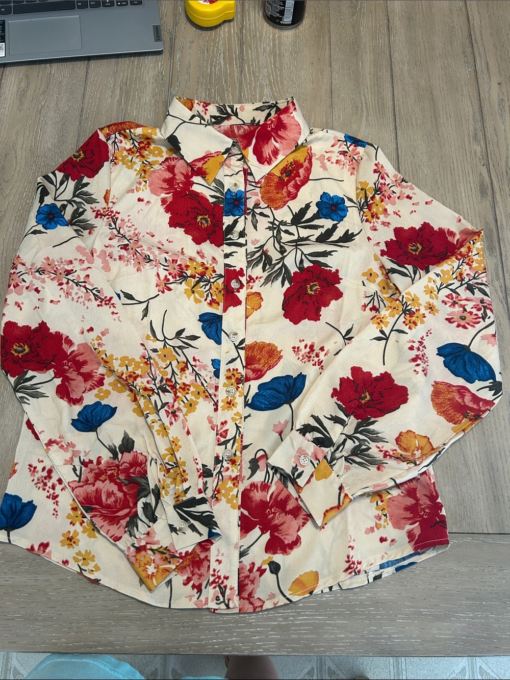 SHEIN Cream Floral Button-Up Top with Red, Blue & Yellow Blooms Medium